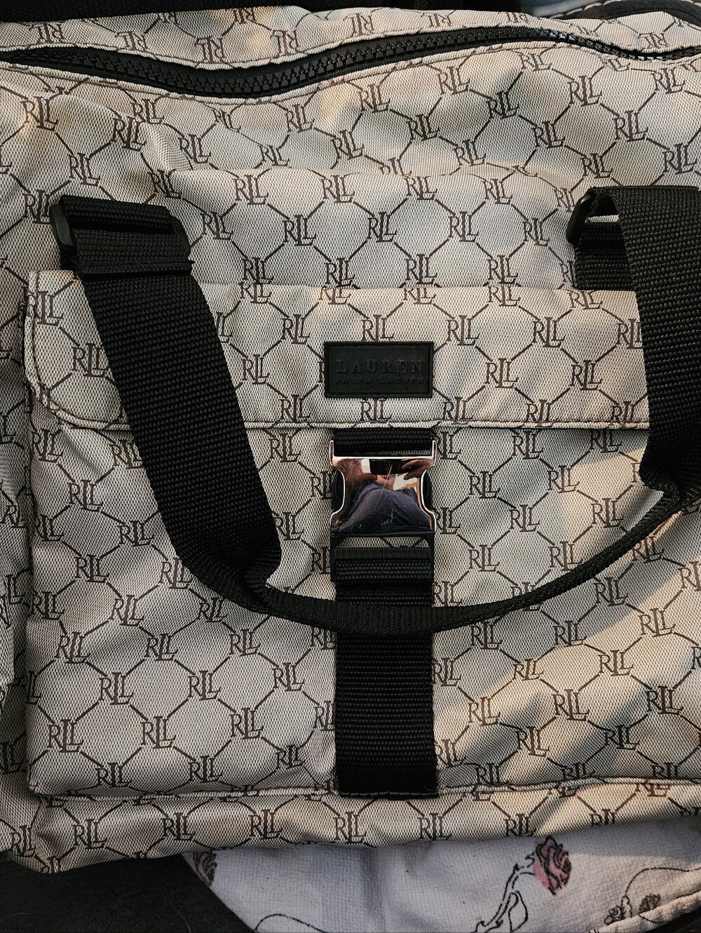 Lauren Ralph Lauren Signature Monogram Nylon Canvas Travel Tote Bag Black/Cream